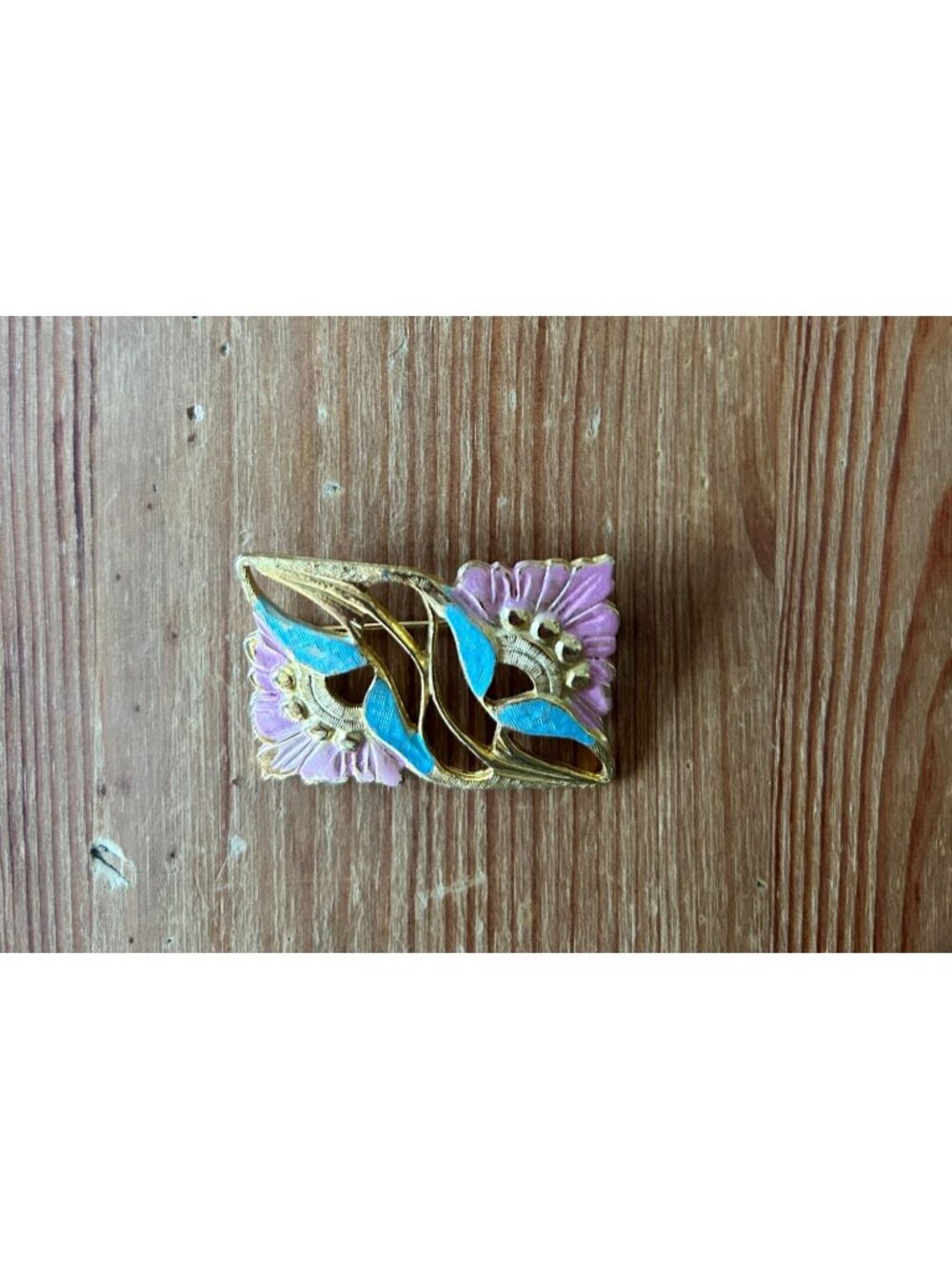 Vintage Gold-Tone Art Nouveau Pink Blue Floral Enamel Brooch